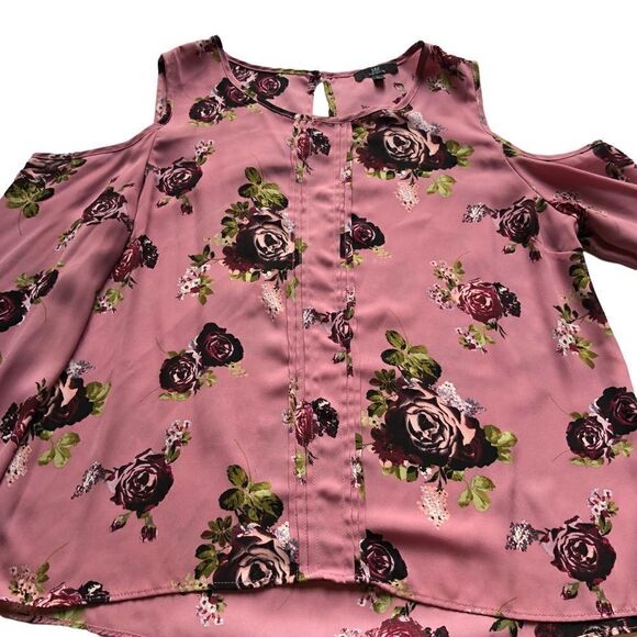 MM beautiful cold shoulder blouse scoop neck bell sleeves pink floral Large - Picture 5 of 10